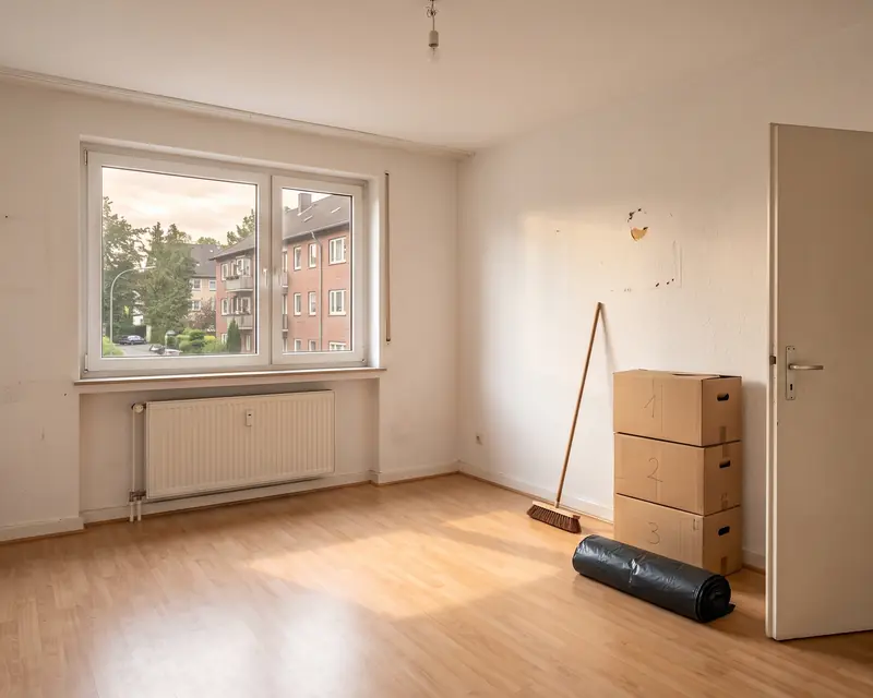 Leer geräumtes, besenreines Zimmer mit Besen und Kartons