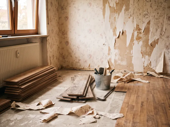 Leer geräumtes Zimmer mit abgelöster Tapete, gestapelten Laminatdielen, Eimer und Brecheisen